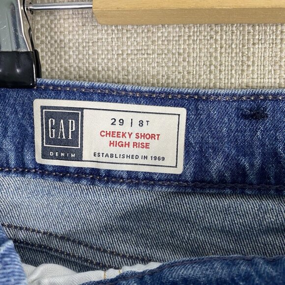 Gap Shorts Womens  8 Cheeky High Rise Button Fly Cut Offs Denim Blue Destroyed - Picture 5 of 9